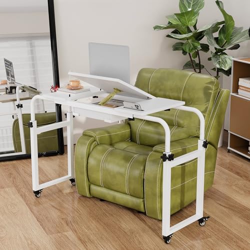 Overbed Table with Wheels Rolling Laptop Desk Cart Table Height and Length Adjustable for Hospital and Home Use Over The Bed Table with Storage Drawer and Cup Holder (White / 31.5 to 47)