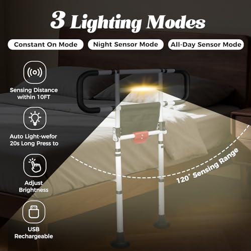 Bed Rails for Elderly Adults Foldable Safety Rail with Light 400LBS (Black White)