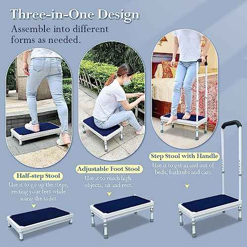 Bedside Steps for High Beds Step Stool with Handle for Elderly Adult Medical Heavy Duty Safety Stepstools for Seniors 400 Lb Capacity Non (Blue-21.6")