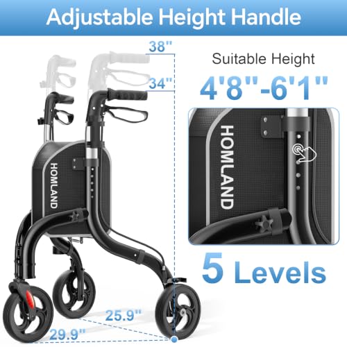 Foldable 3 Wheel Walkers for Seniors (Standard / Shiny Black)