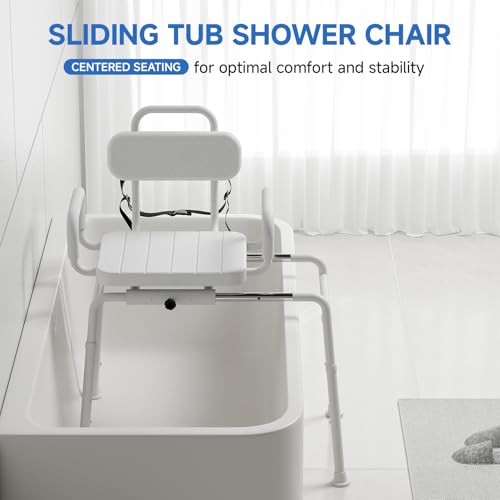 Sliding Shower Chair with Swivel Seat for Bathtub (Neutral Gray)