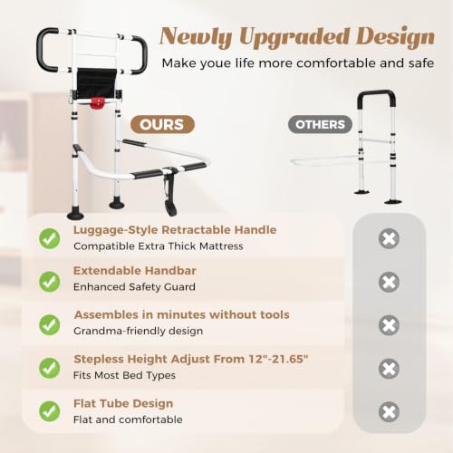 Bed Rails for Elderly Adults Foldable Safety Rail with Light 400LBS (Black White)