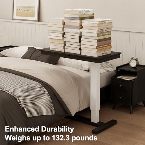 Solid Wood Overbed Bedside Table with Wheels (Black)