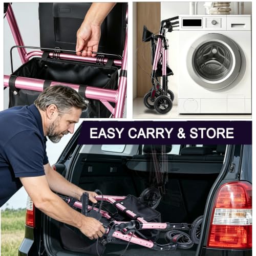Foldable Rollator Walkers for Seniors with Seat (Pink-all Terrain(8 Inch Wheels))