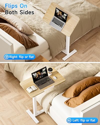 Mobile Standing Desk Laptop Desk Pneumatic with Wheels 180° Tilt Top Hospital Bed Table Portable Rolling Cart Foldable Bedside Table for Hospital&Home Use (Maple)