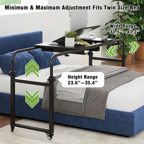 Overbed Table with Wheels Rolling Laptop Desk Cart Over Recliner Wheelchair Table Adjustable for Hospital and Home Use Over The Bed Table with Storage Drawer and Cup Holder (Black / 31.5 to 47)