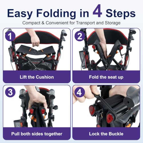 Rollator Walkers for Seniors with Seat (Bright Red / 350 Pound)