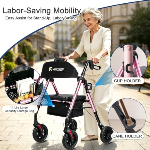 Foldable Rollator Walkers for Seniors with Seat (Pink-all Terrain(8 Inch Wheels))