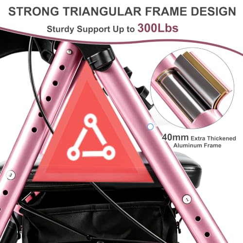 Foldable Rollator Walkers for Seniors with Seat (Pink-all Terrain(8 Inch Wheels))
