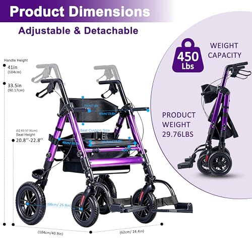 2-in-1 Rollator Transport Wheelchair Combo for Seniors with seat (Purple)